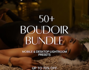 May include: A woman lying on a fuzzy brown rug with a Christmas tree in the background. The text "50+ BOUDOIR BUNDLE" is displayed in white on a black background. Below the text is "MOBILE & DESKTOP LIGHTROOM PRESETS" and "UP TO 70% OFF".