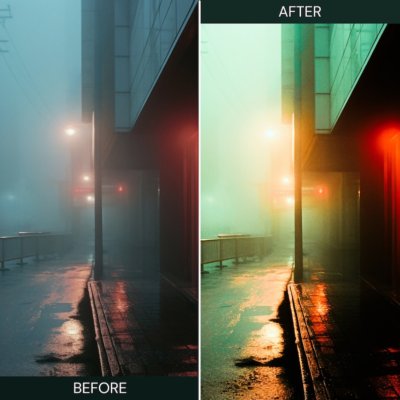 May include: A foggy city street at night with a building on the left and a streetlight on the right. The street is wet and there are reflections of the streetlights in the puddles. The image has a vintage, film-like aesthetic.