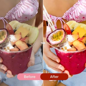 Before and after smoothie bowl photo edited with vibrant Lightroom presets, enhancing rich berry tones, bright highlights, and a colorful food aesthetic.