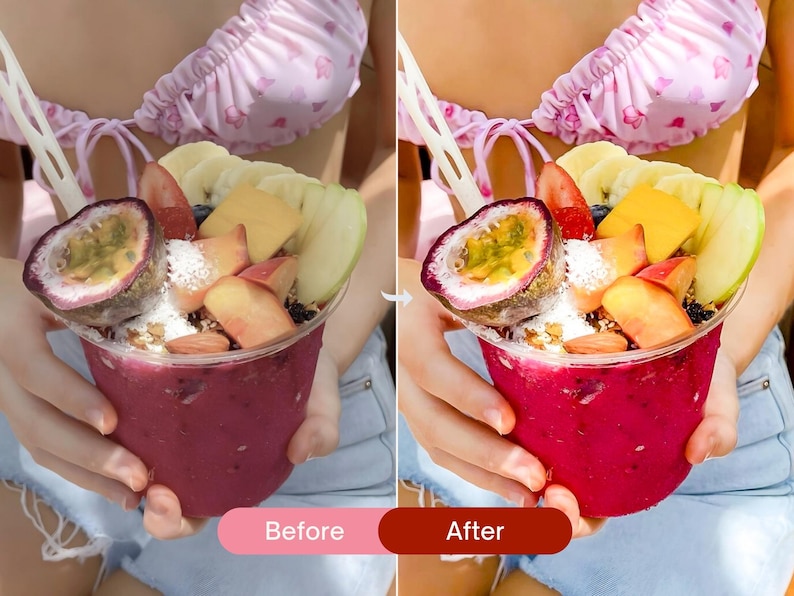 Before and after smoothie bowl photo edited with vibrant Lightroom presets, enhancing rich berry tones, bright highlights, and a colorful food aesthetic.