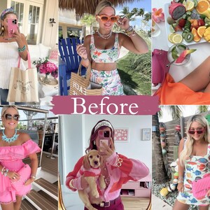 Before and after comparison of bright colorful Lightroom presets showing vibrant summer outfits, enhanced colors, clean whites, and a colorful Instagram aesthetic using mobile presets.
