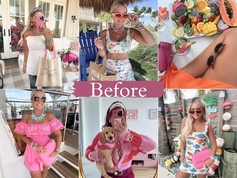 Before and after comparison of bright colorful Lightroom presets showing vibrant summer outfits, enhanced colors, clean whites, and a colorful Instagram aesthetic using mobile presets.