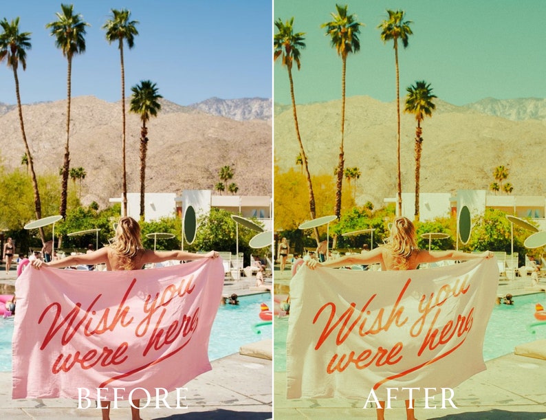 Pu&ograve; includere: Una persona tiene in mano un telo da mare rosa con la scritta "Wish you were here" in corsivo rosso. La scena &egrave; ambientata all'aperto con una piscina, palme e montagne sullo sfondo. L'immagine ha un'estetica vintage e retr&ograve;.