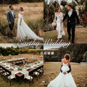 Puede incluir: Una colección digital de ajustes preestablecidos de edición de fotos titulada Earthy Wedding Mobile & Desktop Lightroom Presets. La imagen muestra cuatro escenas de boda con parejas en traje formal y una mesa al aire libre con velas.