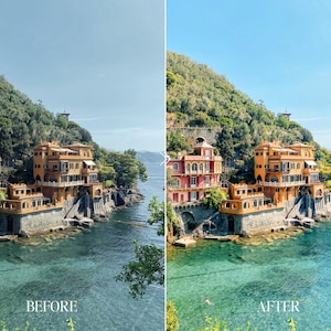 Before and after travel Lightroom preset showing Mediterranean coastline with brighter ocean tones, enhanced sunlight and luxury European summer look