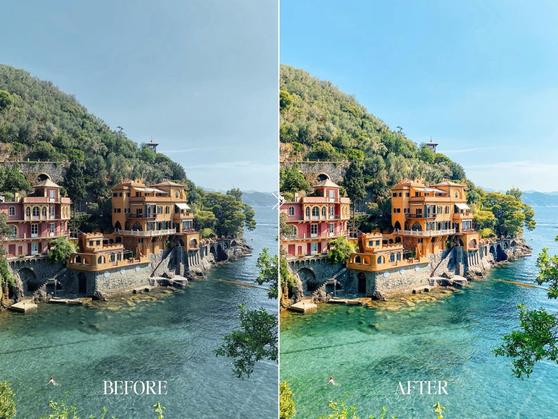 Before and after travel Lightroom preset showing Mediterranean coastline with brighter ocean tones, enhanced sunlight and luxury European summer look