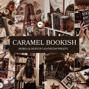 Caramel Bookish Lightroom Presets with warm brown tones, cozy autumn books, coffee aesthetic, neutral editing and vintage Bookstagram photography.