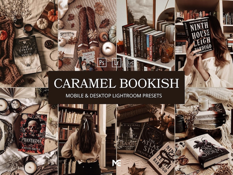 Caramel Bookish Lightroom Presets with warm brown tones, cozy autumn books, coffee aesthetic, neutral editing and vintage Bookstagram photography.