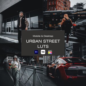 Könnte beinhalten: Eine Collage aus vier Bildern, die urbane Straßenszenen zeigen. Das obere linke Bild zeigt eine Person, die eine schwarze Jacke und einen grauen Hoodie trägt und auf einem Bürgersteig geht. Das obere rechte Bild zeigt einen roten Bus mit dem Text "clean-energy bus" an der Seite. Das untere linke Bild zeigt eine Person, die einen Hut und eine grüne Jacke trägt und einen Blumenstrauß hält. Das untere rechte Bild zeigt einen roten Sportwagen, der auf einer Straße geparkt ist.