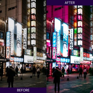 K&ouml;nnte beinhalten: Ein Vorher-Nachher-Bild einer neonbeleuchteten Stra&szlig;enszene in Japan. Das &bdquo;Vorher&ldquo;-Bild zeigt eine ged&auml;mpftere Farbpalette, w&auml;hrend das &bdquo;Nachher&ldquo;-Bild lebendige Rosa- und Blaut&ouml;ne aufweist. Japanischer Text ist auf Schildern zu sehen.
