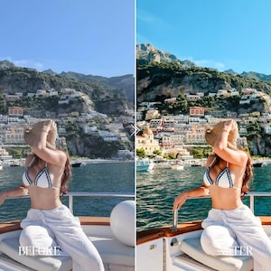 Before and after summer Lightroom preset for yacht travel photography with vivid blue sky, vibrant sea colors and clean luxury edit