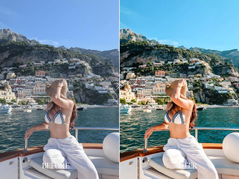 Before and after summer Lightroom preset for yacht travel photography with vivid blue sky, vibrant sea colors and clean luxury edit