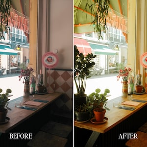 May include: A cafe interior with a wooden table near a window. Potted plants, flowers, and decorative items adorn the table. The window offers a view of a street with buildings and awnings. The text "BEFORE" and "AFTER" are visible.