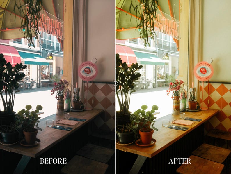 May include: A cafe interior with a wooden table near a window. Potted plants, flowers, and decorative items adorn the table. The window offers a view of a street with buildings and awnings. The text "BEFORE" and "AFTER" are visible.