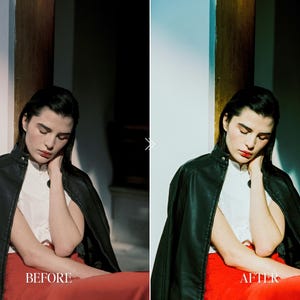 Before and after portrait of woman in leather jacket edited with Fuji film Lightroom preset featuring rich contrast, warm skin tones, and cinematic vintage look