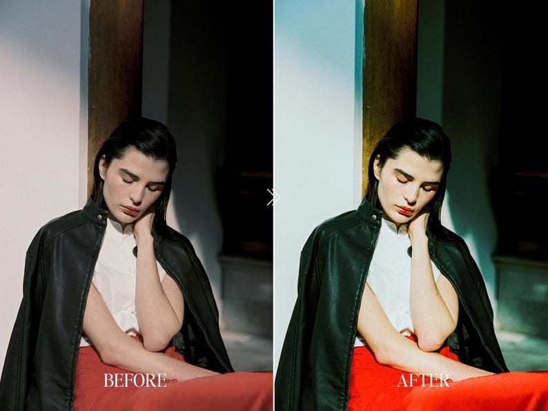 Before and after portrait of woman in leather jacket edited with Fuji film Lightroom preset featuring rich contrast, warm skin tones, and cinematic vintage look