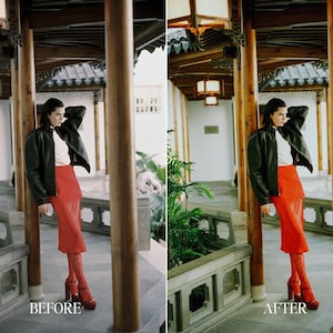 Before and after portrait of woman in red skirt with Fuji film preset adding rich colors, cinematic contrast, and vintage editorial look