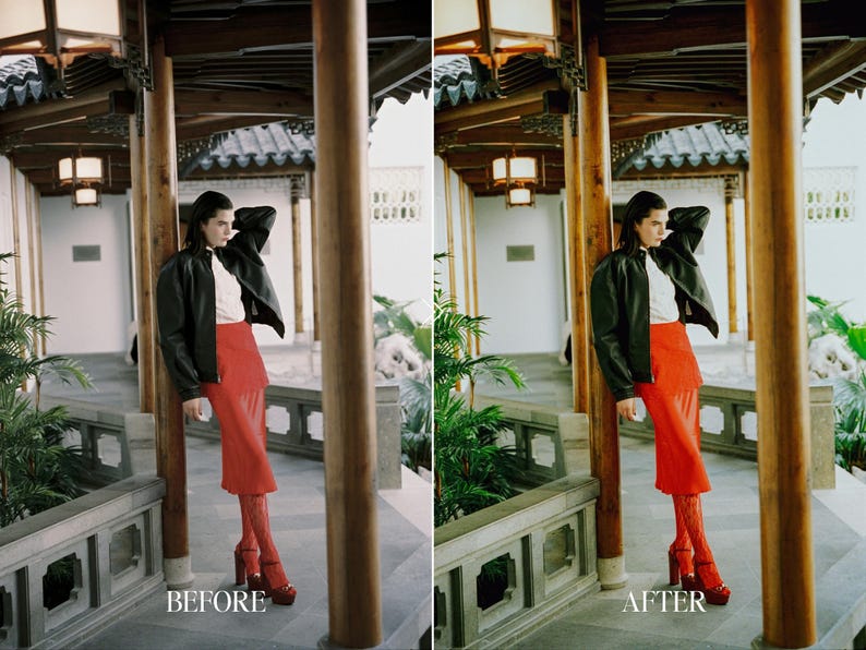 Before and after portrait of woman in red skirt with Fuji film preset adding rich colors, cinematic contrast, and vintage editorial look