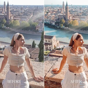 Before and after travel Lightroom preset transforming city overlook portrait with golden highlights, warm tones and elegant European aesthetic