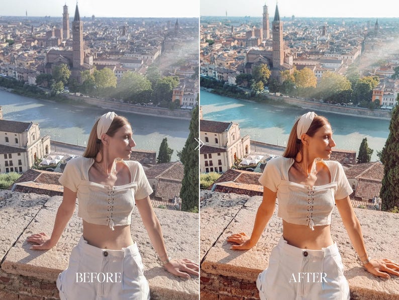 Before and after travel Lightroom preset transforming city overlook portrait with golden highlights, warm tones and elegant European aesthetic