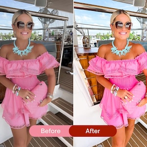Before and after comparison of bright colorful Lightroom presets enhancing pink tones, warm skin tones, and vibrant summer colors in a lifestyle photo.