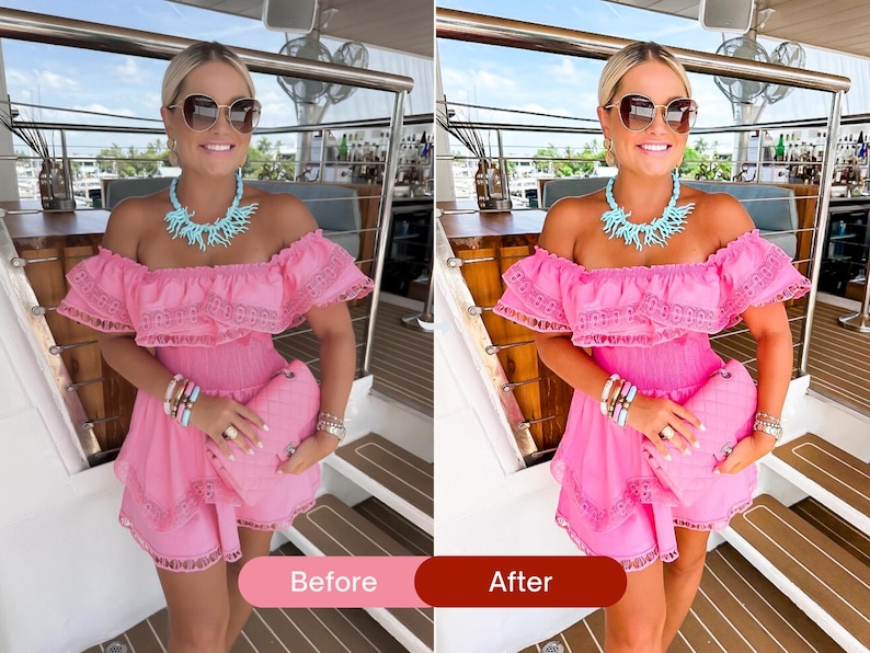 Before and after comparison of bright colorful Lightroom presets enhancing pink tones, warm skin tones, and vibrant summer colors in a lifestyle photo.