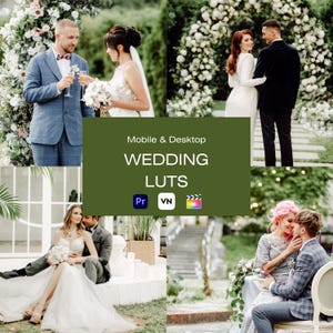 May include: A collage of four images featuring couples in wedding attire. The images show a couple standing in front of a floral arch, a couple sitting on a white platform, a couple standing on a stone path, and a couple sitting at a table. The text "Mobile & Desktop WEDDING LUTs" is displayed in the center of the collage.