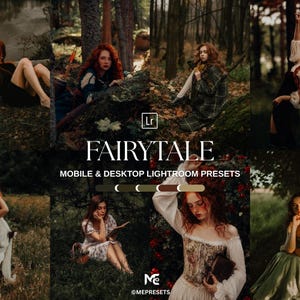 May include: A digital collection of Lightroom presets titled FAIRTALE, featuring eight distinct photographic examples of individuals in forest and outdoor settings with moody, dark, and earthy color tones for mobile and desktop use.