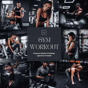 Könnte beinhalten: Eine Collage aus Bildern, die Menschen beim Training in einem Fitnessstudio zeigen. Die Bilder zeigen Menschen, die Gewichte heben, ein Seil benutzen und andere Übungen machen. Der Text "GYM WORKOUT" wird in der Mitte der Collage angezeigt, darunter die Worte "Premium Mobile & Desktop Lightroom Presets".