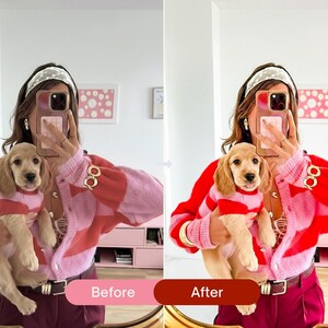 Before and after Lightroom preset example showing vibrant pink tones, warm skin tones, and color pop effect on an indoor lifestyle photo edited with colorful Lightroom presets.
