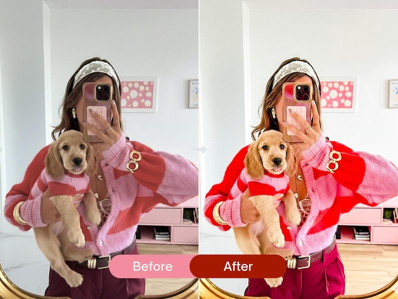 Before and after Lightroom preset example showing vibrant pink tones, warm skin tones, and color pop effect on an indoor lifestyle photo edited with colorful Lightroom presets.