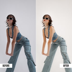 Fashion studio photo before and after Lightroom preset enhancing contrast, color balance and smooth skin for influencer photography