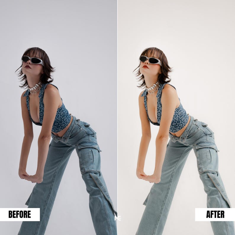 Fashion studio photo before and after Lightroom preset enhancing contrast, color balance and smooth skin for influencer photography