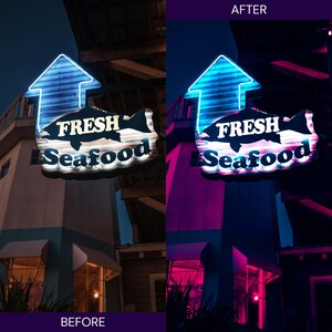K&ouml;nnte beinhalten: Ein Leuchtschild f&uuml;r ein Fischrestaurant. Das Schild zeigt einen blauen Pfeil nach oben, eine Fischsilhouette und die Worte "FRESH Seafood" in Wei&szlig;. Das Schild ist an einem Geb&auml;ude mit blauer und wei&szlig;er Farbe angebracht.