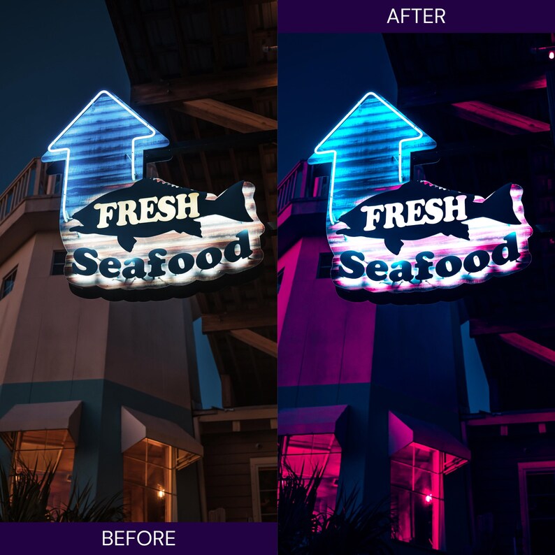 K&ouml;nnte beinhalten: Ein Leuchtschild f&uuml;r ein Fischrestaurant. Das Schild zeigt einen blauen Pfeil nach oben, eine Fischsilhouette und die Worte "FRESH Seafood" in Wei&szlig;. Das Schild ist an einem Geb&auml;ude mit blauer und wei&szlig;er Farbe angebracht.