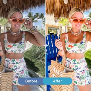 Before and after beach lifestyle photo edited with bright Lightroom presets, enhancing vibrant colors, tropical greens, and a clean summer Instagram feed.