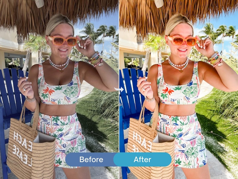 Before and after beach lifestyle photo edited with bright Lightroom presets, enhancing vibrant colors, tropical greens, and a clean summer Instagram feed.