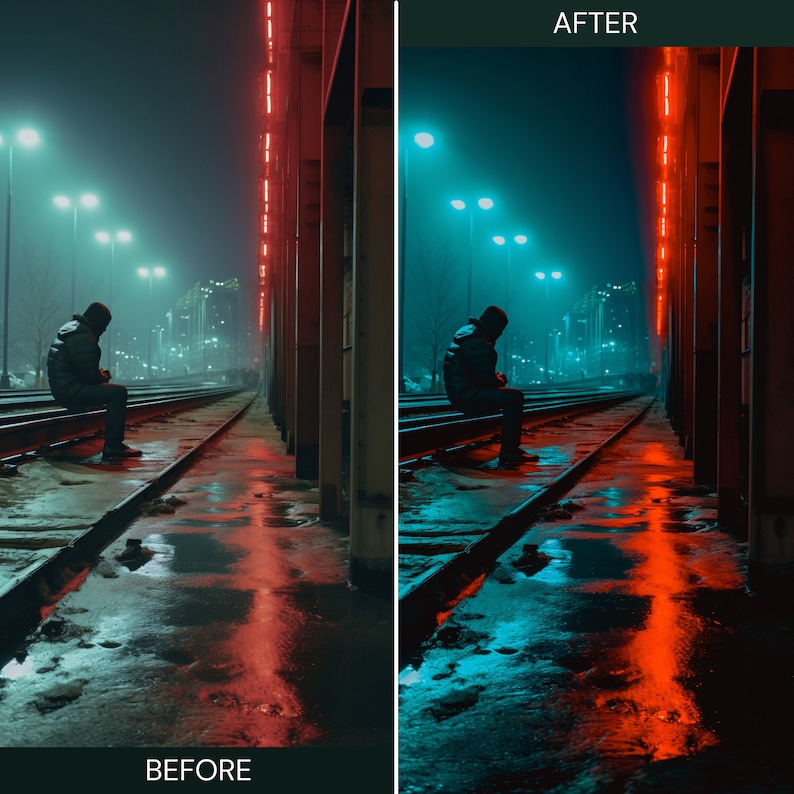 May include: A person sits on a train track in a foggy, neon-lit city. The scene is illuminated by red and blue lights, creating a vibrant and moody atmosphere.