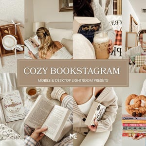 Cozy Bookstagram Lightroom Presets for warm reading nooks, coffee, blankets, neutral beige tones and cozy lifestyle book photography.