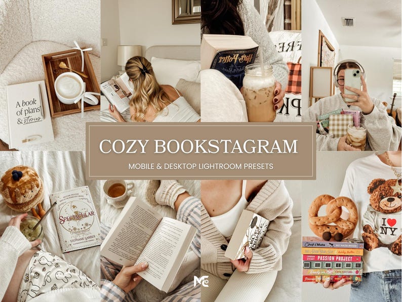 Cozy Bookstagram Lightroom Presets for warm reading nooks, coffee, blankets, neutral beige tones and cozy lifestyle book photography.