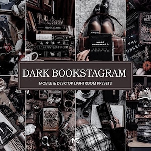 Puede incluir: Una colección de ajustes preestablecidos de edición fotográfica digital titulada DARK BOOKSTAGRAM MOBILE & DESKTOP LIGHTROOM PRESETS, mostrada como un collage de fotos oscuras y atmosféricas con libros, tazas y accesorios.