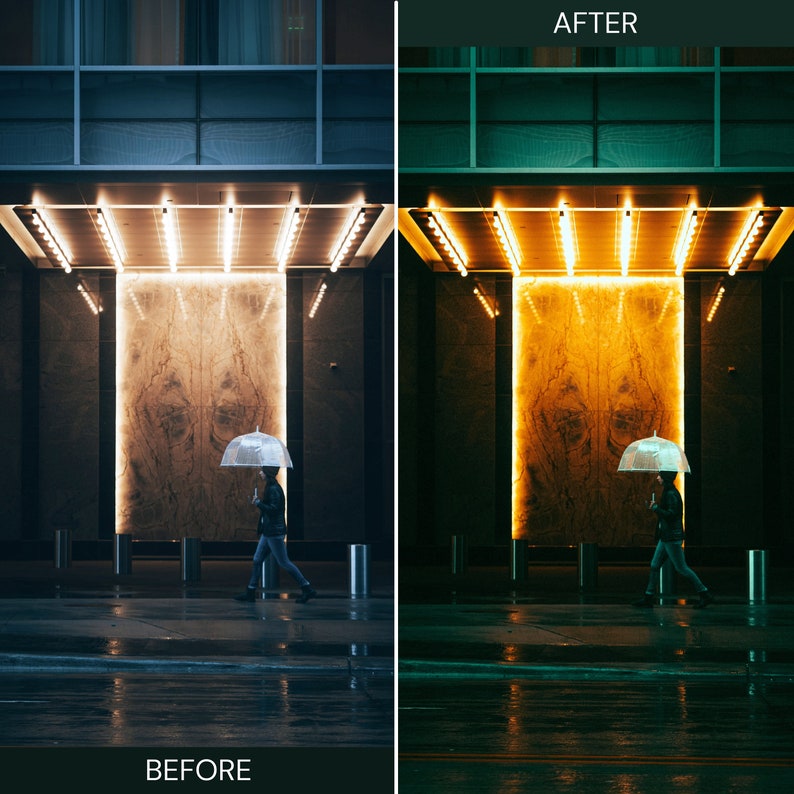 May include: A person walks under a glowing ceiling with a clear umbrella in a city street. The image is split into two sections, showing the scene before and after a photo edit.