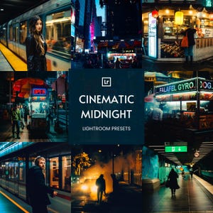 May include: A collage of nine images showcasing a variety of nighttime city scenes. The images feature street food vendors, subway stations, and city streets with neon lights. The text "Cinematic Midnight Lightroom Presets" is displayed in the center of the collage.