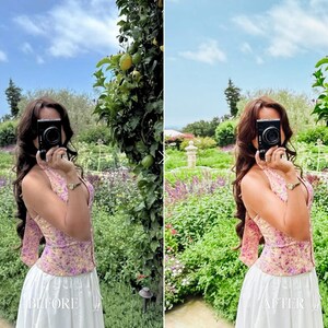 Garden portrait edited with bright colorful Lightroom presets for natural greens soft skin tones and outdoor photography