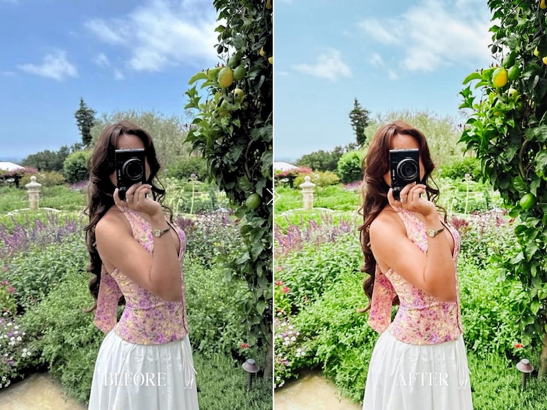 Garden portrait edited with bright colorful Lightroom presets for natural greens soft skin tones and outdoor photography