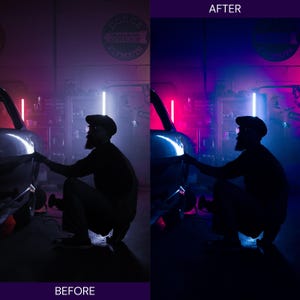 K&ouml;nnte beinhalten: Vorher-Nachher-Bild einer Autowerkstatt. Das "VORHER"-Bild zeigt einen Mann, der unter rosa und lila Licht an einem Auto arbeitet. Das "NACHHER"-Bild hat verbesserte Farben und Kontraste, mit demselben Mann und Auto.