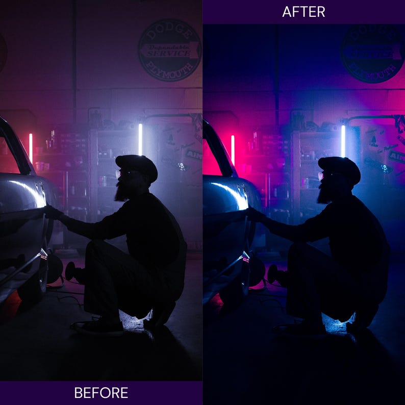 K&ouml;nnte beinhalten: Vorher-Nachher-Bild einer Autowerkstatt. Das "VORHER"-Bild zeigt einen Mann, der unter rosa und lila Licht an einem Auto arbeitet. Das "NACHHER"-Bild hat verbesserte Farben und Kontraste, mit demselben Mann und Auto.