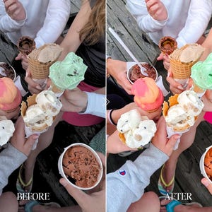Ice cream aesthetic before and after using colorful Lightroom presets with vibrant tones and natural summer colors