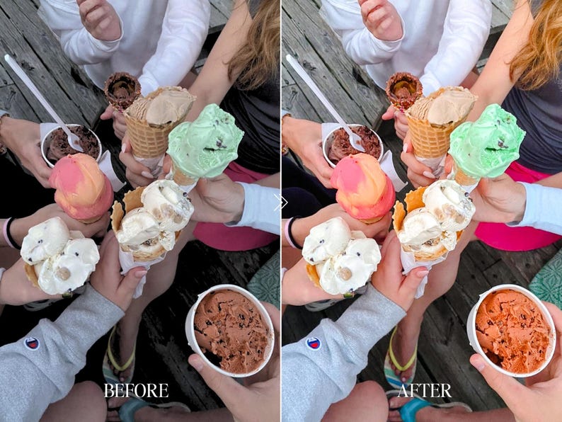 Ice cream aesthetic before and after using colorful Lightroom presets with vibrant tones and natural summer colors