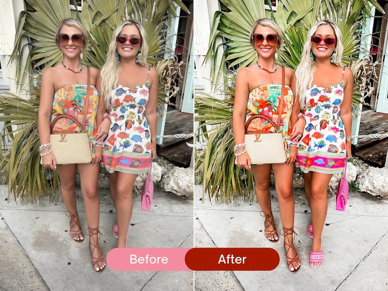 Before and after fashion photo using colorful Lightroom presets, showing boosted saturation, bright colors, and a cohesive Instagram aesthetic for summer outfits.